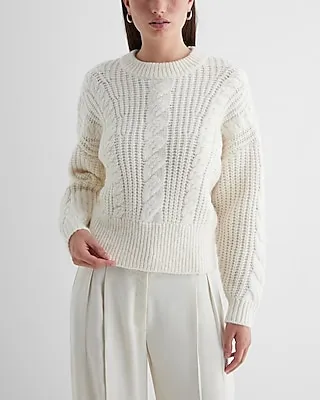 Cable Knit Crew Neck Sweater White Women's M