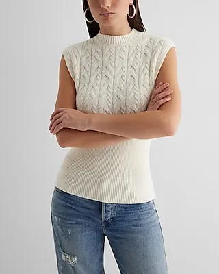 Cable Knit Ribbed Crew Neck Cap Sleeve Sweater White Women's M