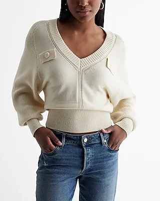 V-Neck Faux Pocket Banded Bottom Sweater