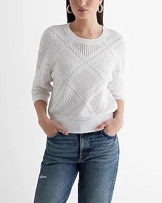 Open Stitch Crew Neck Sweater White Women