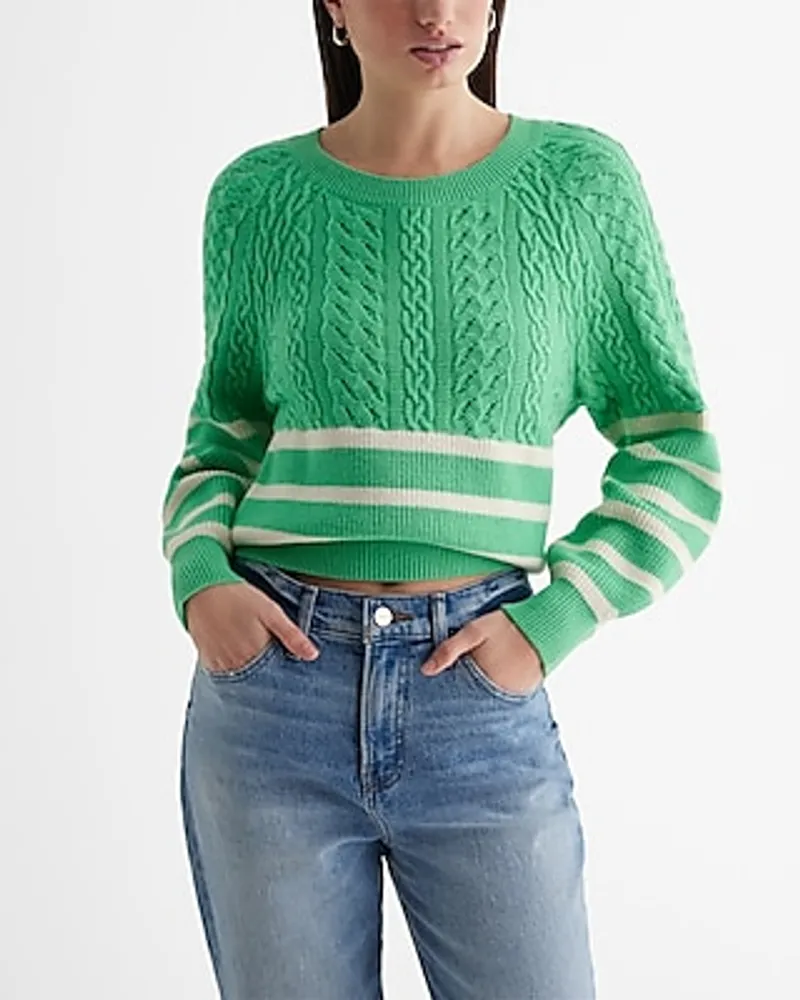 Striped Cable Knit Crew Neck Sweater Green Women's S