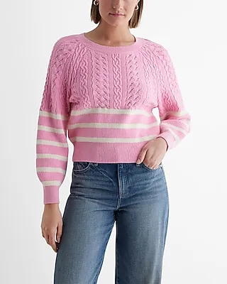 Striped Cable Knit Crew Neck Sweater Multi-Color Women