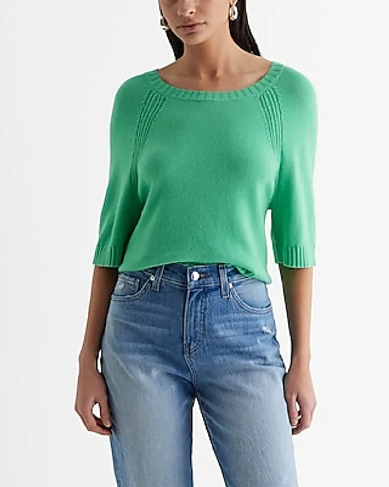 Crew Neck Short Sleeve Sweater Green Women's XS