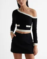 Tipped Off The Shoulder Novelty Button Cropped Sweater Black Women's M