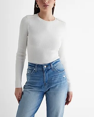 Ribbed Fitted Button Shoulder Sweater White Women's M