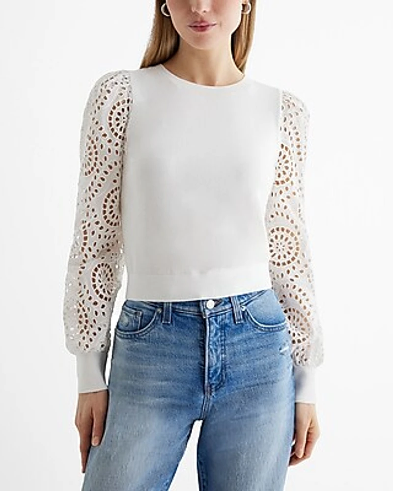 Crew Neck Eyelet Sleeve Sweater White Women's S