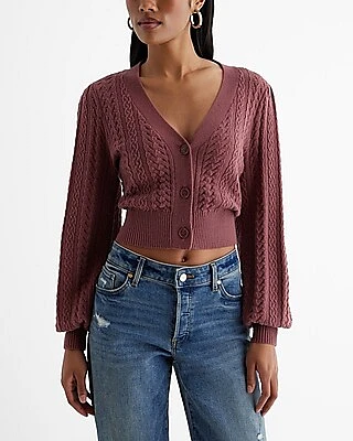 Cable Knit V-Neck Cardigan Purple Women's XS