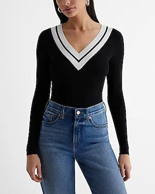 Silky Soft Fitted Tipped Double V-Neck Sweater Black Women