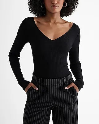 Silky Soft Fitted Ribbed Double V-Neck Sweater Women's