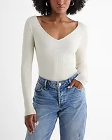 Silky Soft Fitted Ribbed Double V-Neck Sweater White Women's