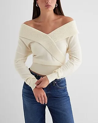 Off The Shoulder Surplice Sweater White Women's XL
