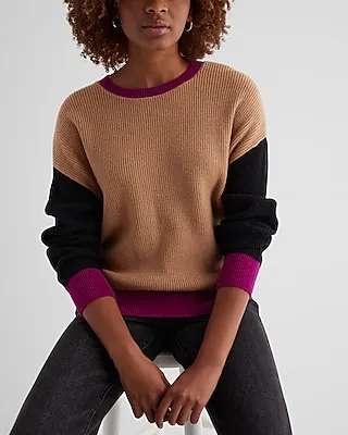 Relaxed Color Block Ribbed Crew Neck Sweater