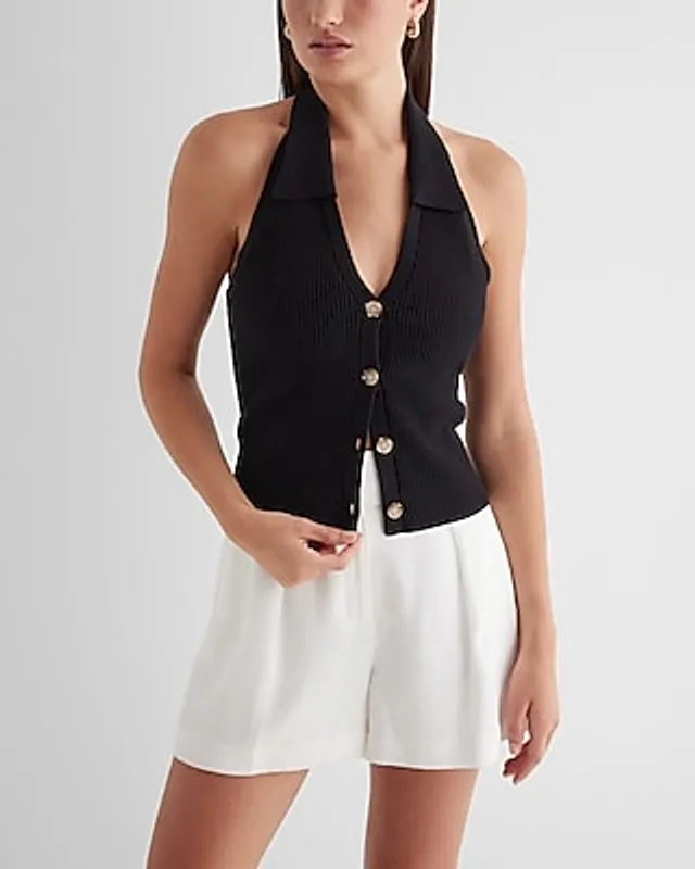 Ribbed Halter Neck Sleeveless Polo Cardigan