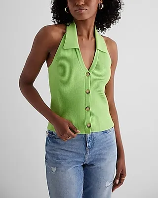 Ribbed Halter Neck Sleeveless Polo Cardigan