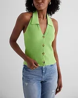 Ribbed Halter Neck Sleeveless Polo Cardigan Green Women's XL