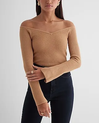 Fitted Ribbed Off The Shoulder Sweater Brown Women's XL