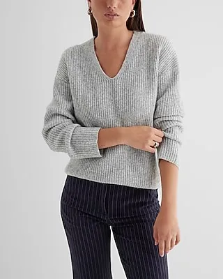 Ribbed V-Neck Tunic Sweater Gray Women's