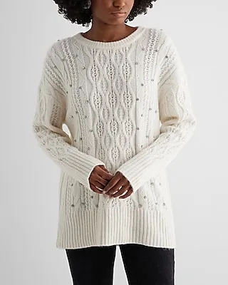 Embellished Rhinestone Cable Knit Tunic Sweater White Women's L