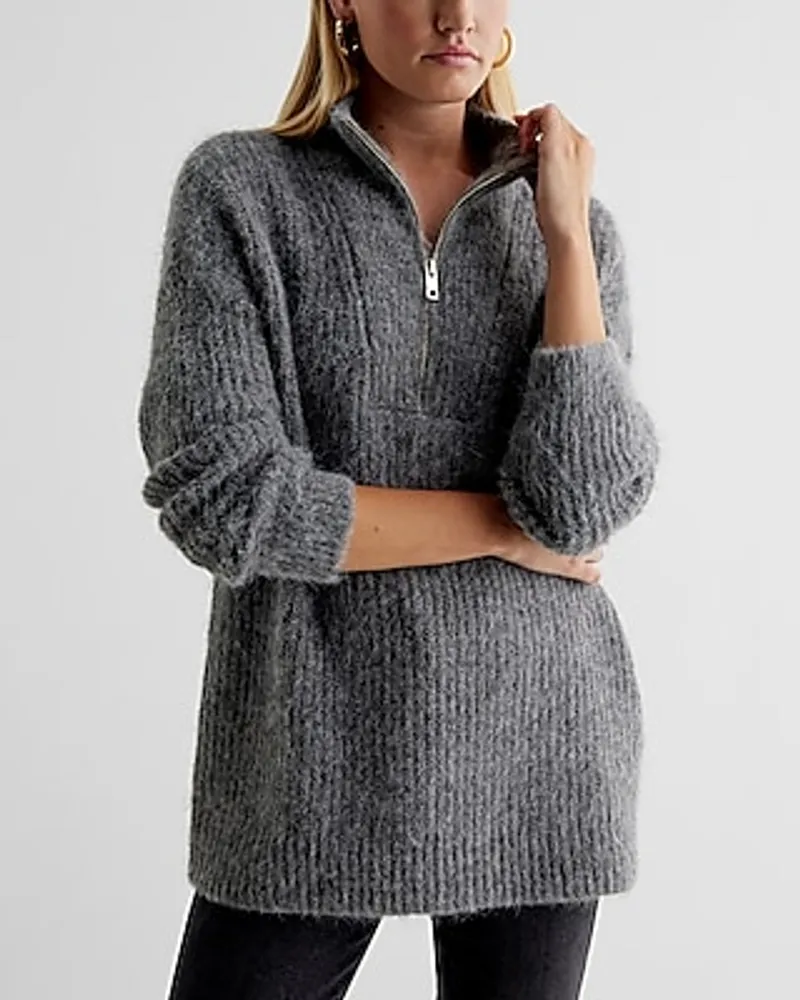 Fuzzy Knit Quarter Zip Tunic Sweater Gray Women's S