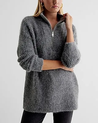 Fuzzy Knit Quarter Zip Tunic Sweater Gray Women