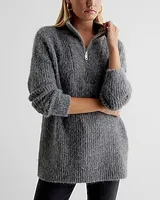 Fuzzy Knit Quarter Zip Tunic Sweater Gray Women's S