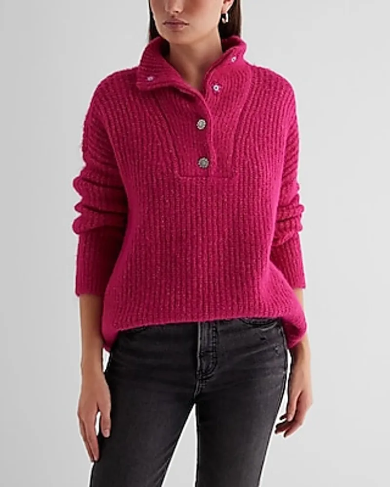 Fuzzy Knit Embellished Rhinestone Quarter Snap Sweater Pink Women's XL