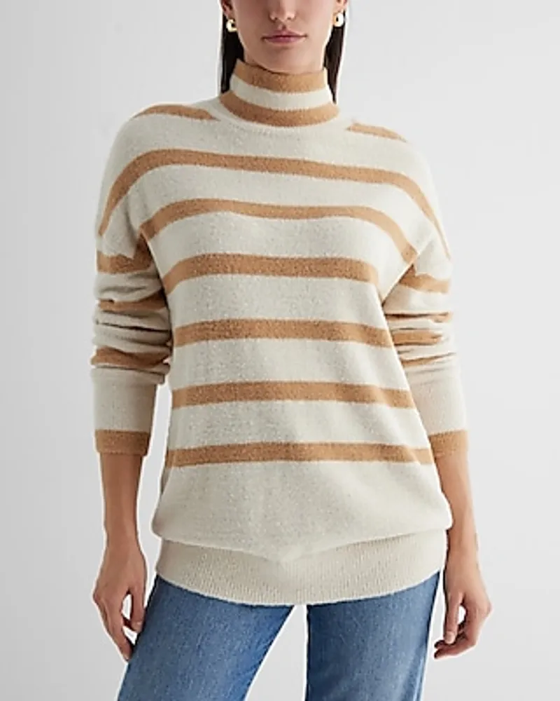 Striped Plush Knit Mock Neck Oversized Sweater Multi-Color Women's M