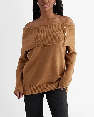 Novelty Button Off The Shoulder Oversized Sweater