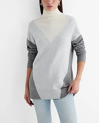 Color Block Turtleneck Tunic Sweater Gray Women's M