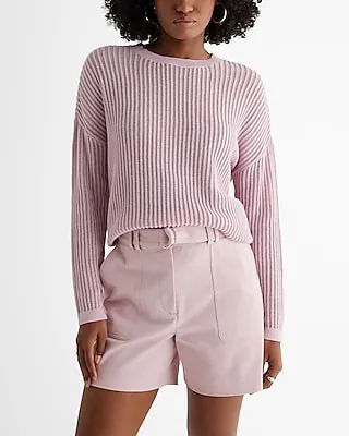 Ribbed Crew Neck Tunic Sweater Pink Women's