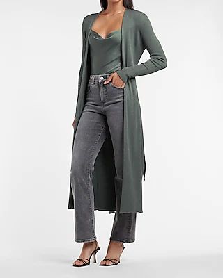 Ribbed Belted Duster Cardigan Green Women's XXS