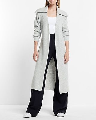 Ribbed Collared Belted Duster Cardigan Gray Women