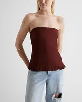 Ribbed Strapless Fringe Sweater Tube Top Brown Women's XS