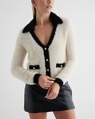 Tipped Faux Fur Novelty Button Cardigan Neutral Women's XL