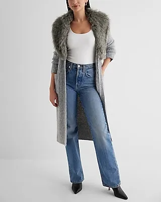 Fuzzy Knit Faux Fur Collar Duster Cardigan Gray Women's M