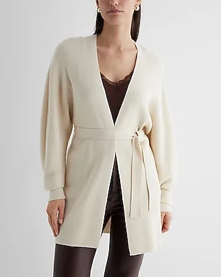 Ribbed Dolman Sleeve Belted Cardigan Neutral Women's L