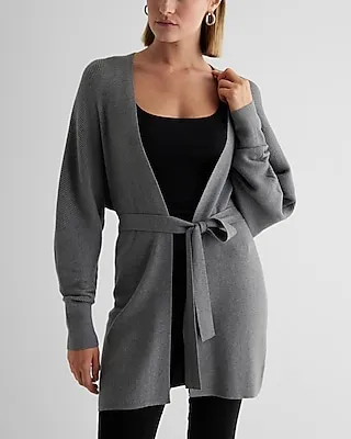 Ribbed Dolman Sleeve Belted Cardigan Gray Women's XS