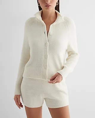 Plush Knit Polo Cardigan White Women's XL