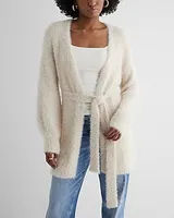 Faux Fur Sequin Balloon Sleeve Belted Cardigan Neutral Women's XL