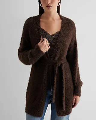 Faux Fur Sequin Balloon Sleeve Belted Cardigan Brown Women's S