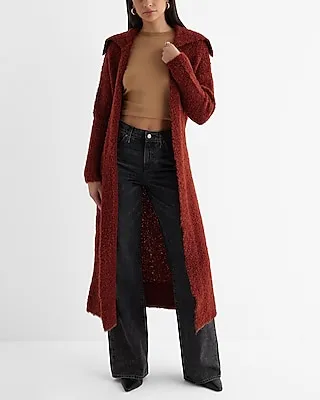 Boucle Oversized Collar Belted Duster Cardigan Red Women's