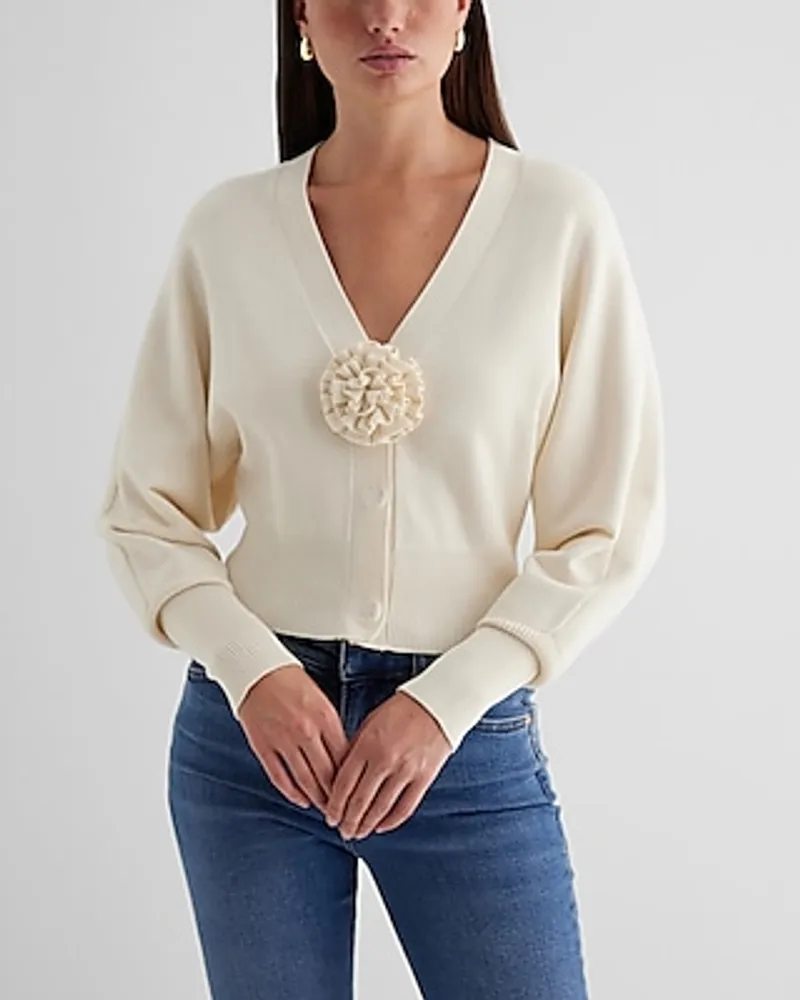 V-Neck Rosette Cardigan White Women's L