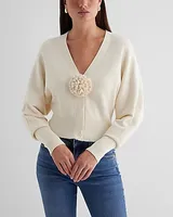 V-Neck Rosette Cardigan White Women's L