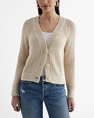 Open Stitch V-Neck Cardigan Neutral Women's XS