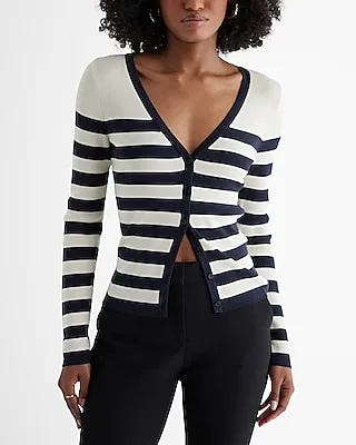 Silky Soft Fitted Striped V-Neck Cardigan Blue Women's S