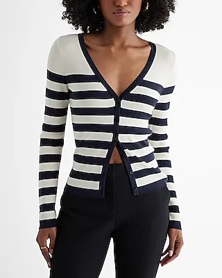 Silky Soft Fitted Striped V-Neck Cardigan Blue Women's L