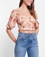 Satin Floral Print Faux Wrap Tie Back Crop Top Multi-Color Women's 00