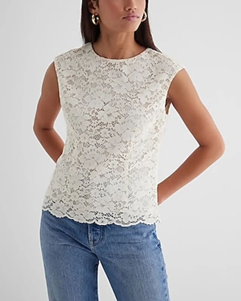 Lace Crew Neck Cap Sleeve Gramercy Top White Women's M