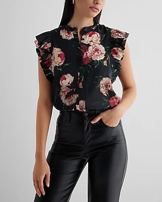 Satin Floral Button Up Flutter Sleeve Gramercy Shirt