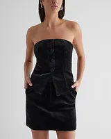 Velvet Strapless Button Front Split Hem Corset Tube Top Black Women's 8